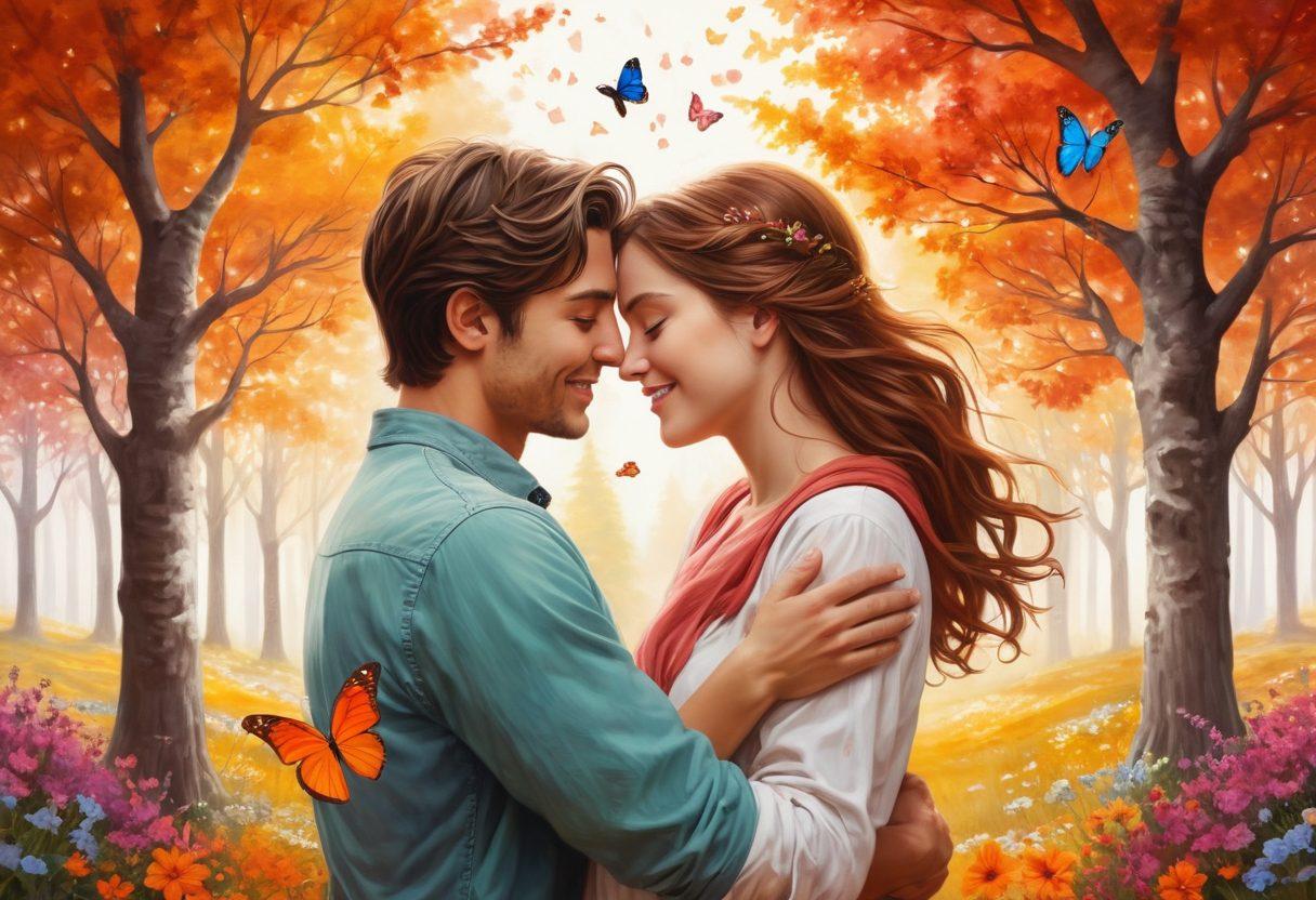 A warm scene depicting two friends sharing a heartfelt moment, surrounded by symbols of kindness like butterflies and flowers, conveying affection through gestures like a hug or laughter. The background should feature intertwining trees and hearts, symbolizing deep connections and bonds formed over shared experiences. The color palette should be soft and inviting, evoking feelings of warmth and fondness. super-realistic. vibrant colors. white background.