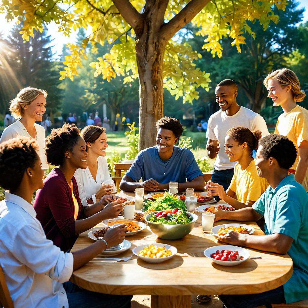 A warm and inviting scene depicting a diverse group of people, joyfully gathered around a community table, sharing food and stories. Incorporate heartwarming gestures like hugs and laughter, symbolizing compassion and togetherness. Soft sunlight filters through trees, creating an atmosphere of harmony and love. Emphasize vibrant colors to reflect positivity and connection. super-realistic. vibrant colors. natural setting.