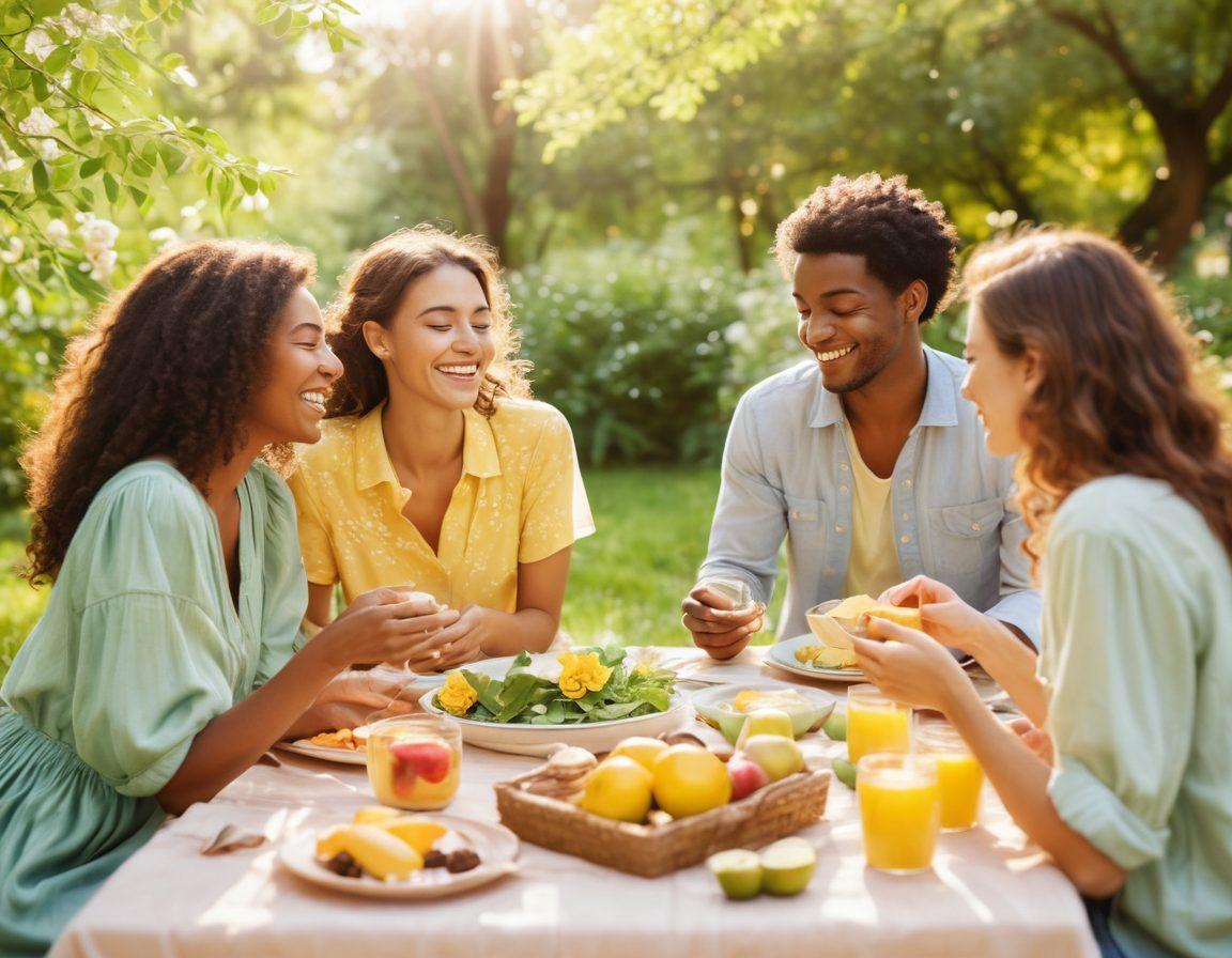 A cozy scene featuring a diverse group of friends sharing a picnic in a sunlit park, laughing and connecting over a spread of homemade dishes. Soft hues of green and yellow from the grass and trees create a warm atmosphere. Illustrate gentle interactions, like a hand on a shoulder and shared smiles, symbolizing trust and tenderness. Incorporate elements like a blooming garden and soft sunlight filtering through the leaves. vibrant colors. soft focus. whimsical style.